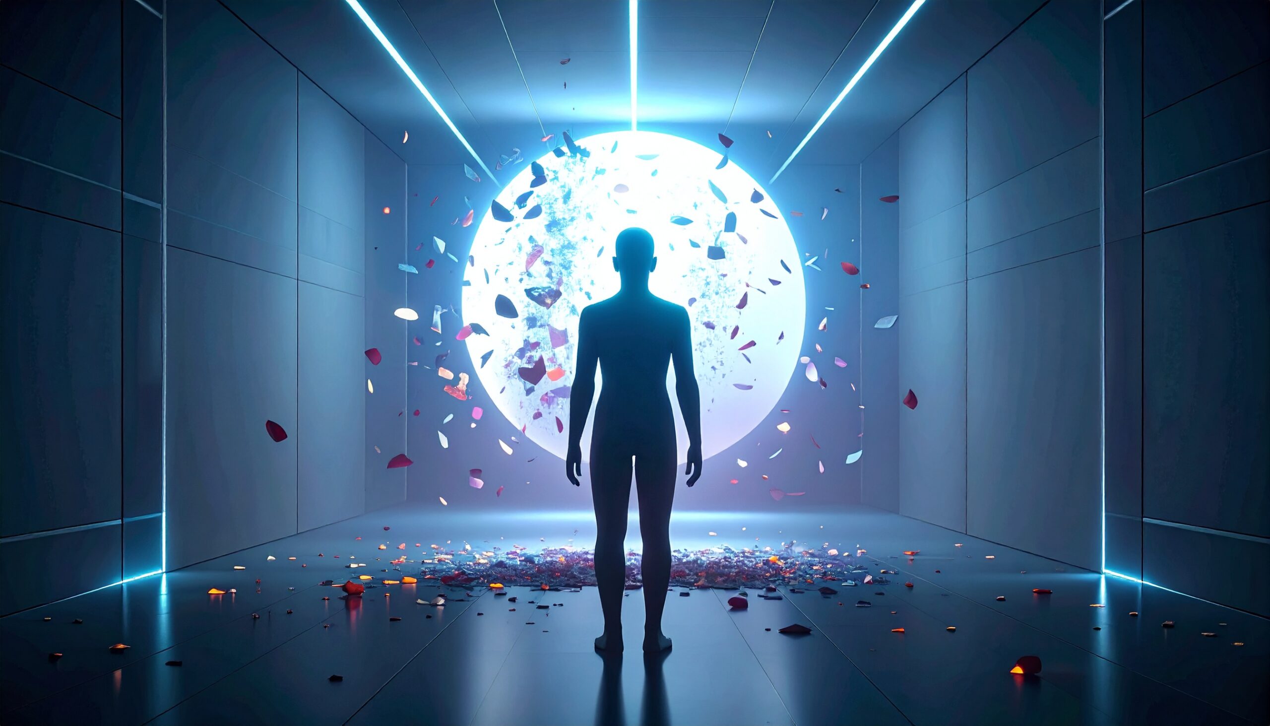 「黒い人影と白い球体の間にカラフルな破片が舞う、Aboutページ用バナー