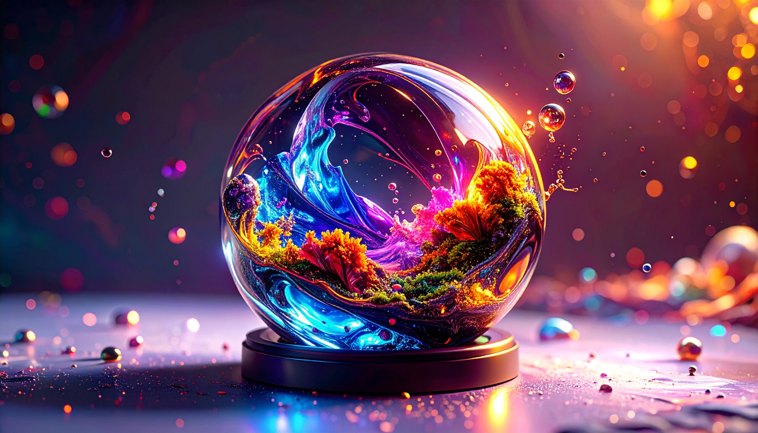 透明な球体の中にカラフルな世界が収まっている。Worldsページ用バナー